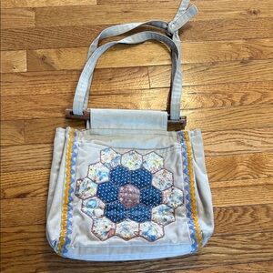 BOHO Style Handmade Cream Canvas Shoulder Bag with Blue Patchwork Accent